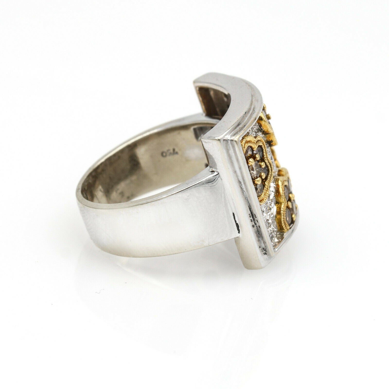 Champagne and White Diamond Flowers Statement Ring in 18k White Gold