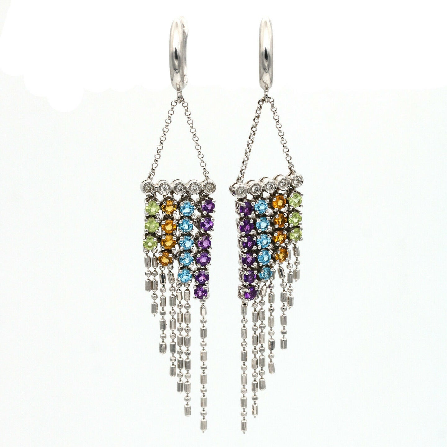 Diamond and Gemstone Drop Dangle Earrings in 14k White Gold Designer Signed