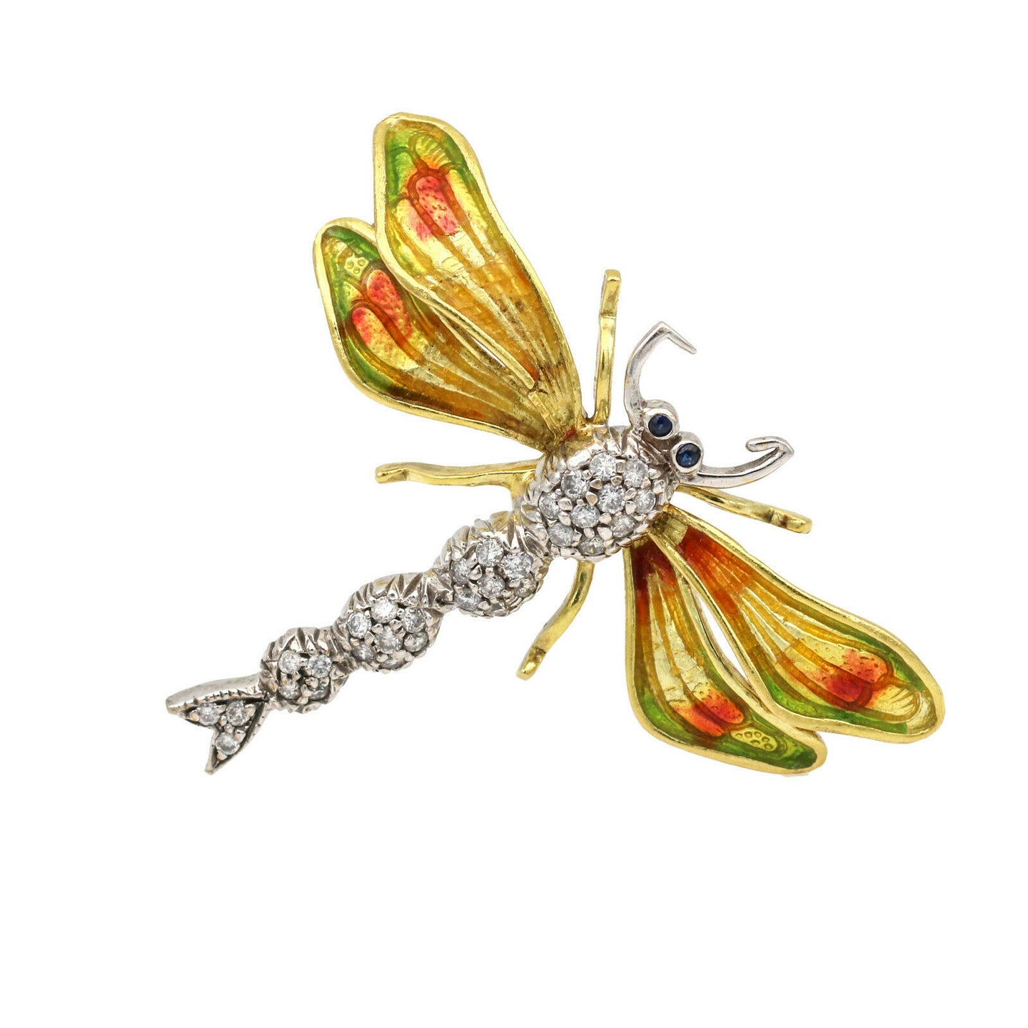 Dragonfly Brooch with Enamel and Diamonds in 18k Yellow White Gold