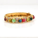 Signed Colorful Tourmaline and Diamond Hinged Bangle Bracelet in 18k Yellow Gold