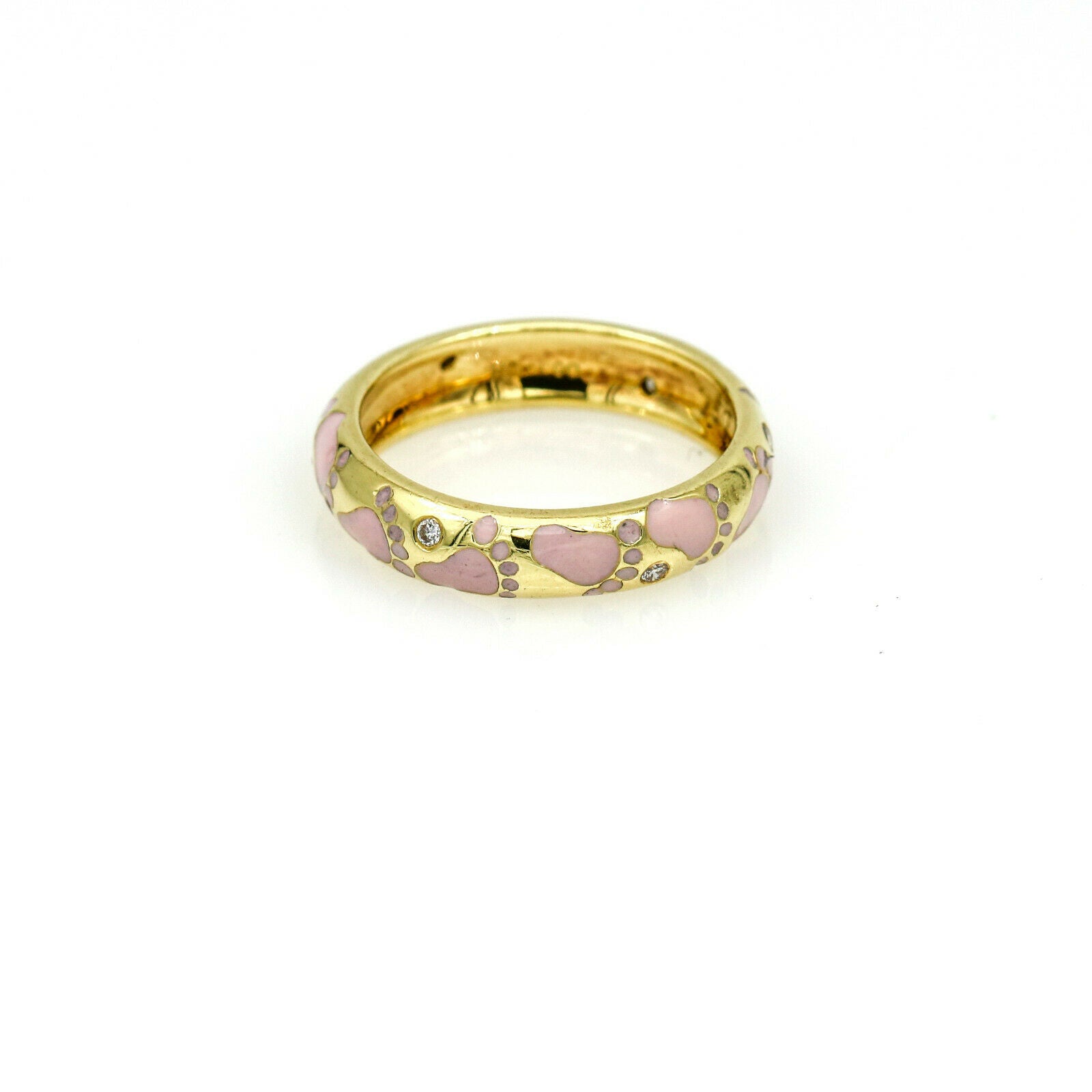 Hidalgo Pink Enamel and Diamond Footprints Band Ring in 18k Yellow Gold