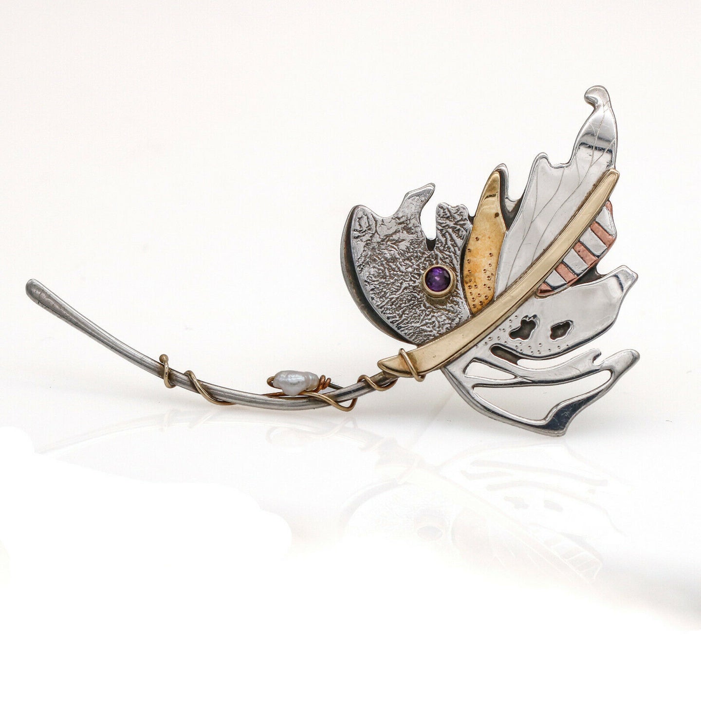 Handmade Leaf Brooch with Pearl in Sterling Silver and 14k Gold Signed KY