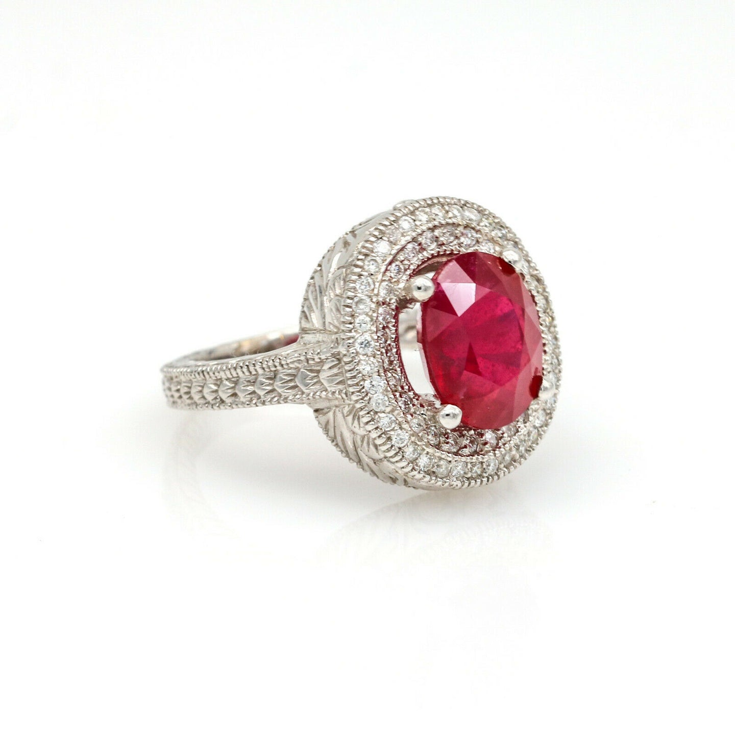 5.50 ct Ruby and Diamond Double Halo Statement Ring in 14k White Gold