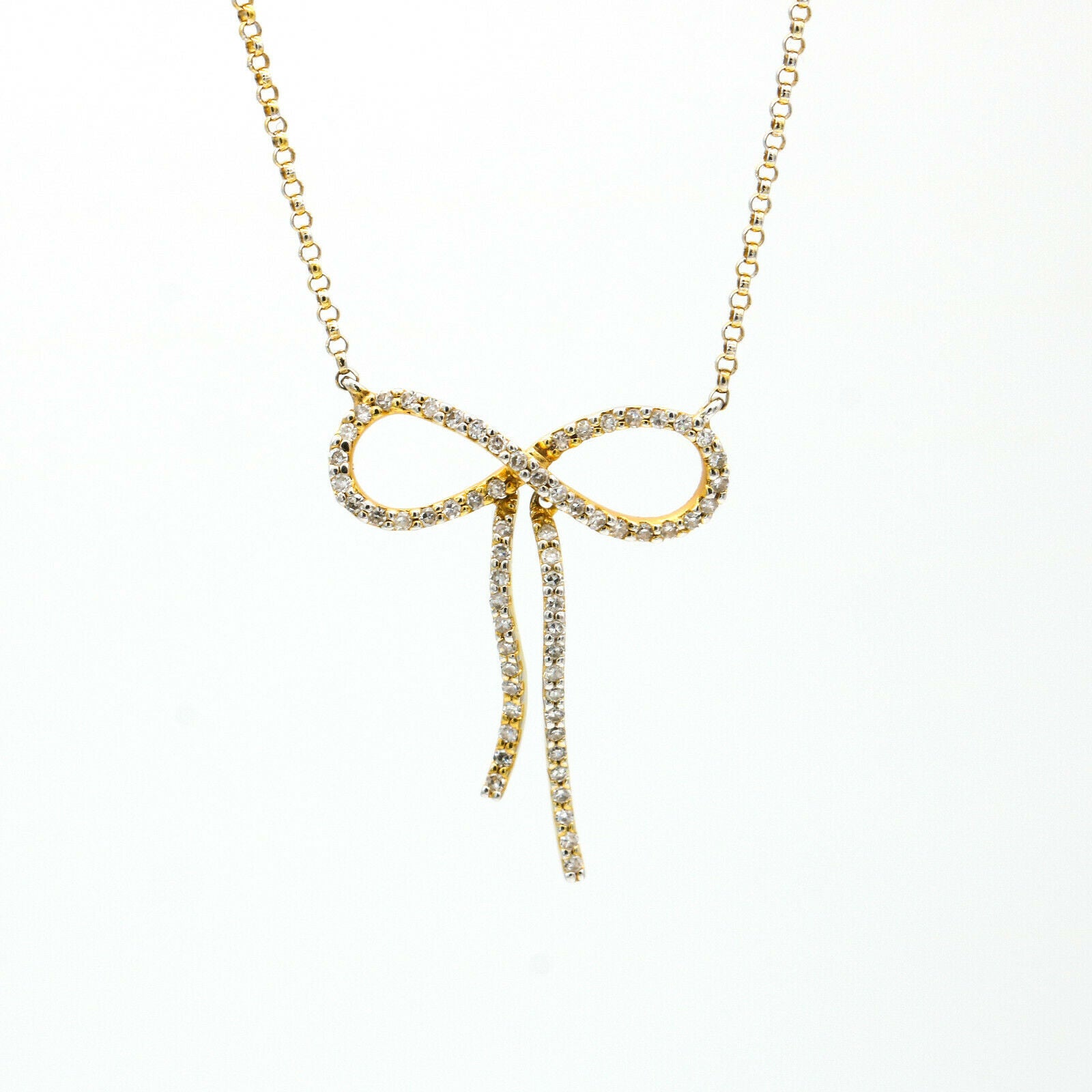 Contemporary 14K Yellow Gold Women's Diamond Infinity Bow Necklace Signed DD