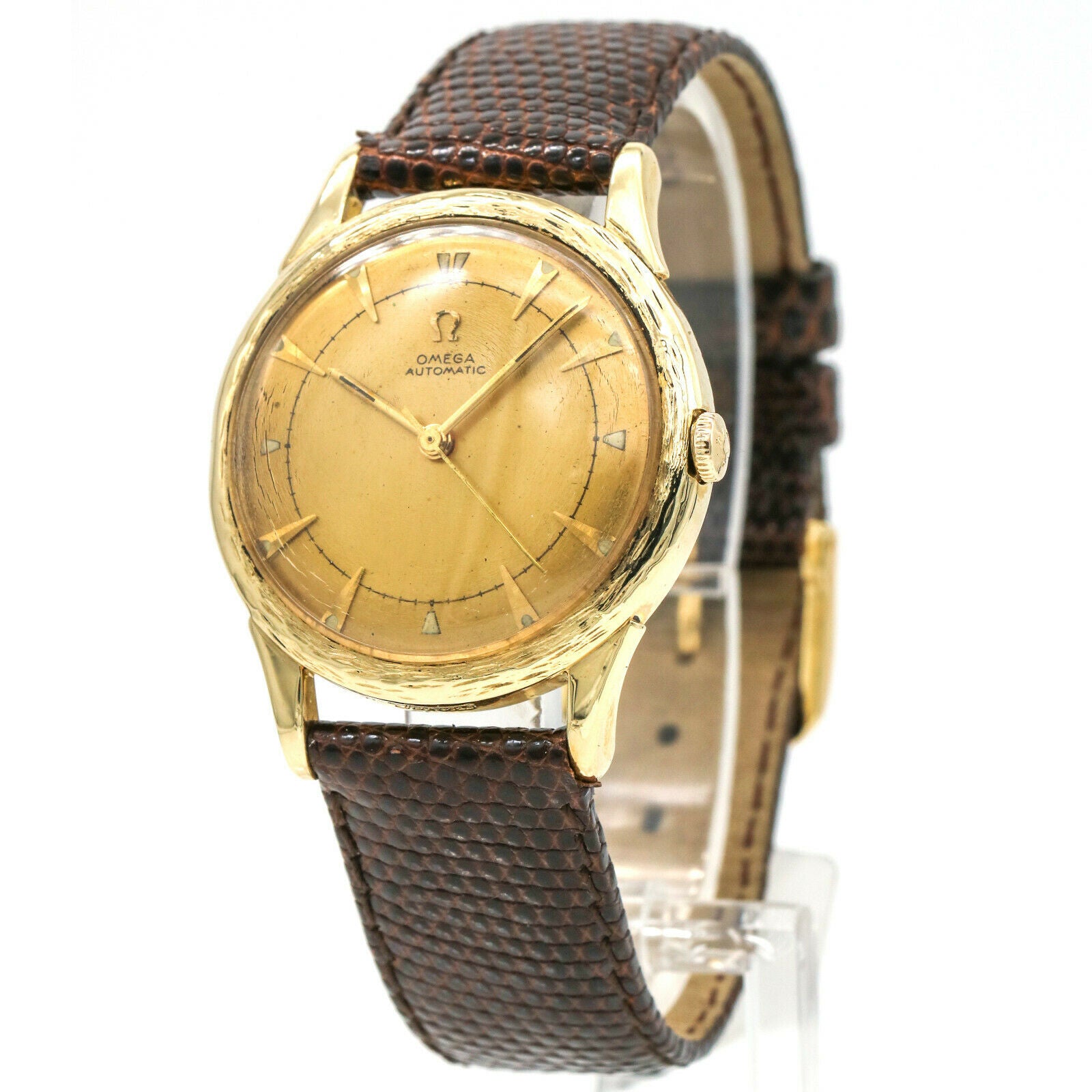 Omega 14k Yellow Gold Vintage Automatic Men's Watch with Textured Bezel Screw Ba