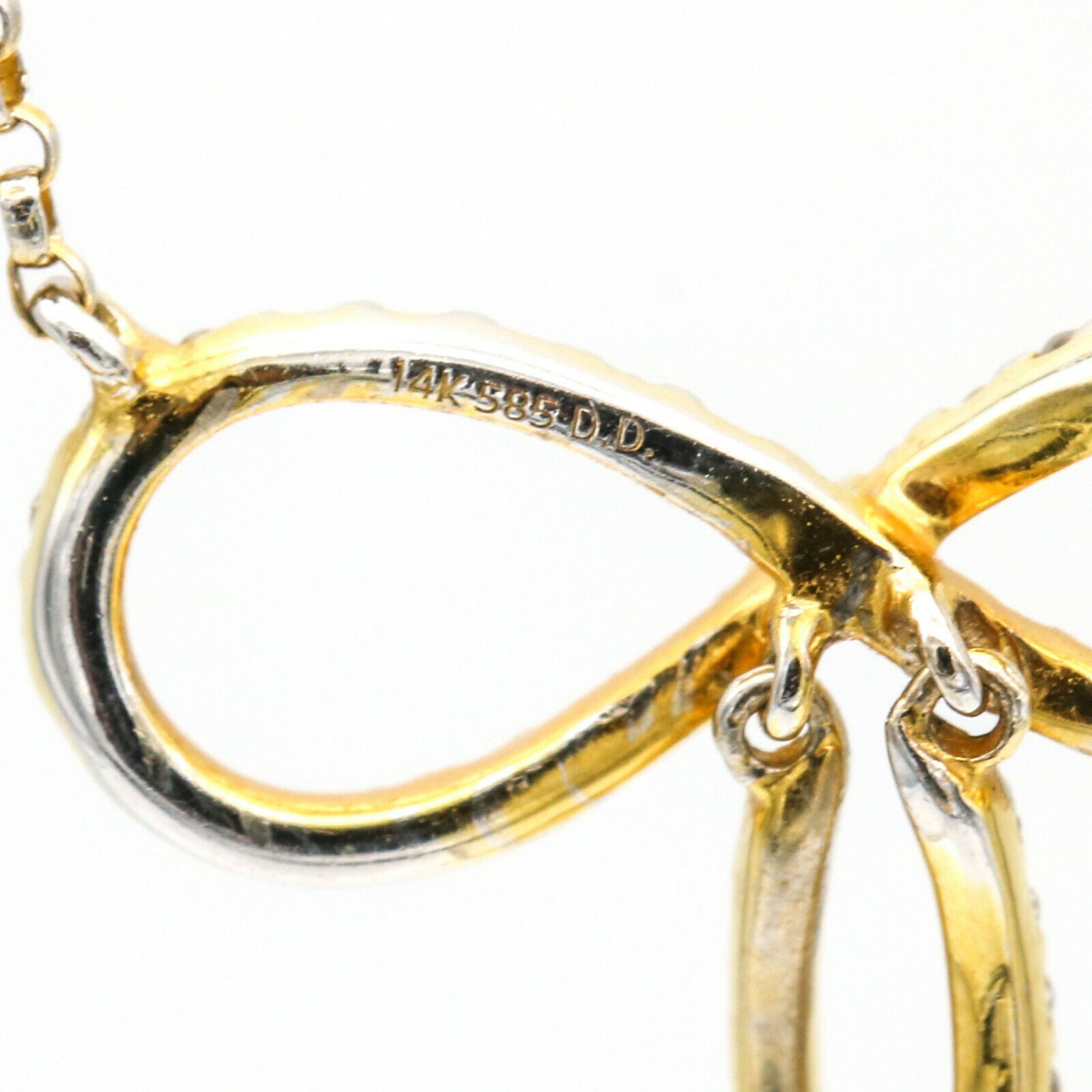 Contemporary 14K Yellow Gold Women's Diamond Infinity Bow Necklace Signed DD