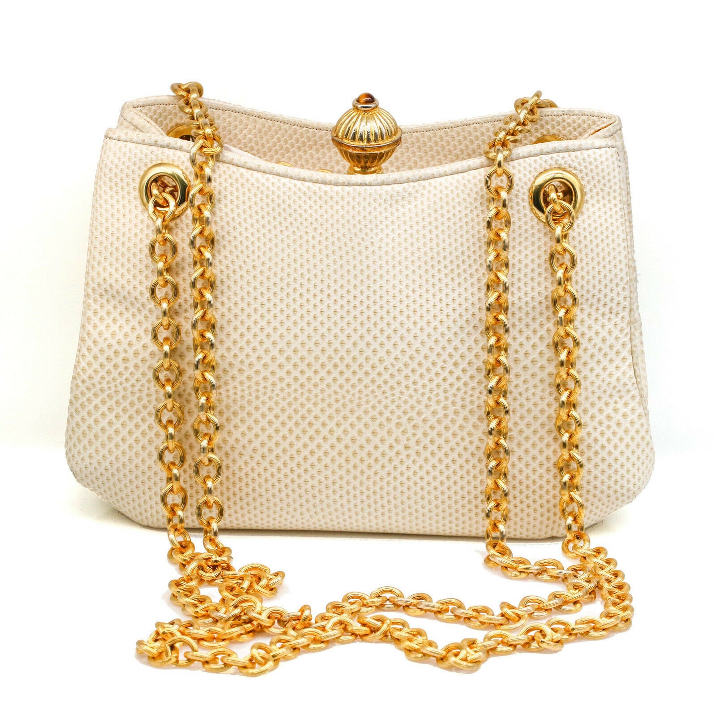 Judith Leiber Vintage White Lizard Skin Shoulder Bag with Gold Chain and Tiger E