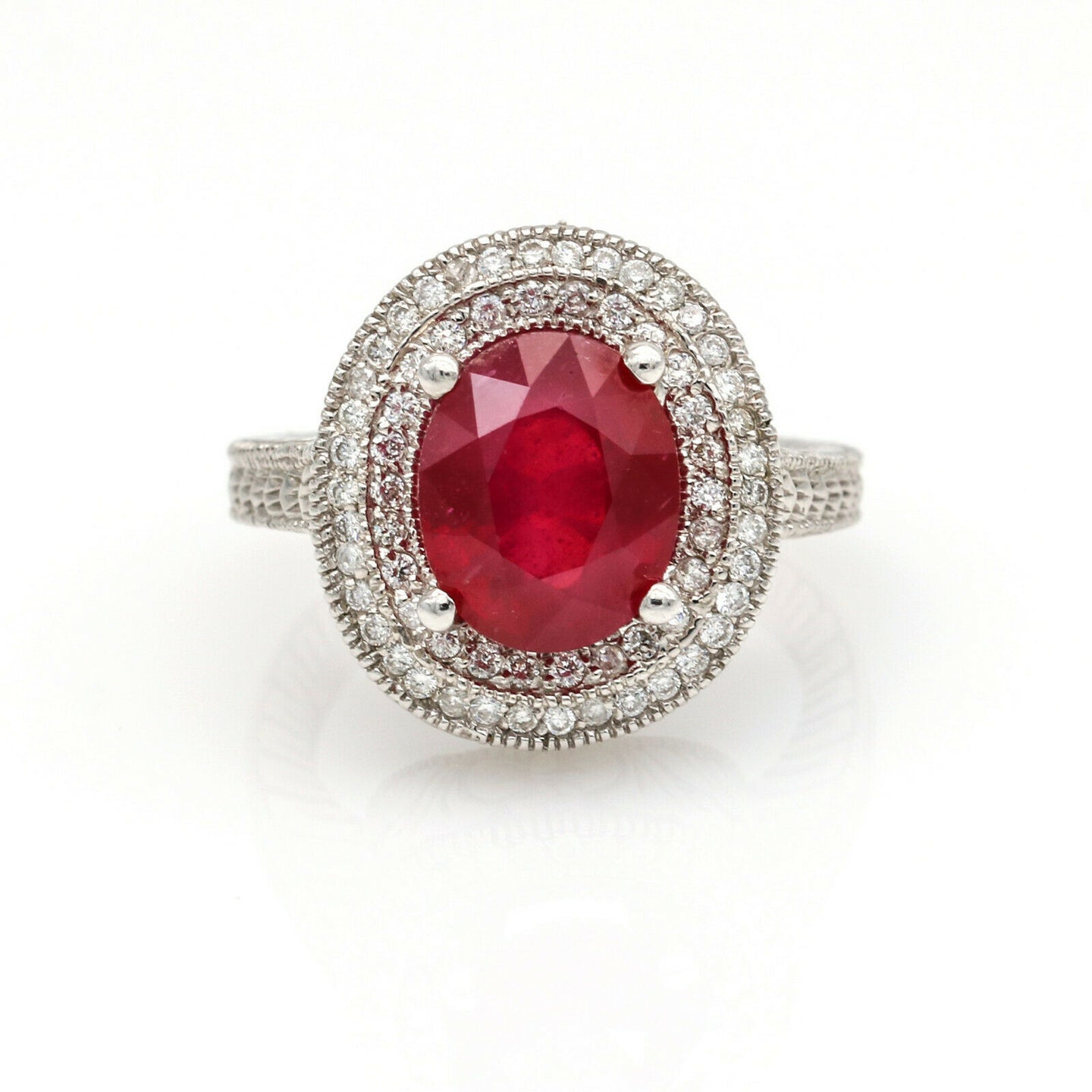 5.50 ct Ruby and Diamond Double Halo Statement Ring in 14k White Gold