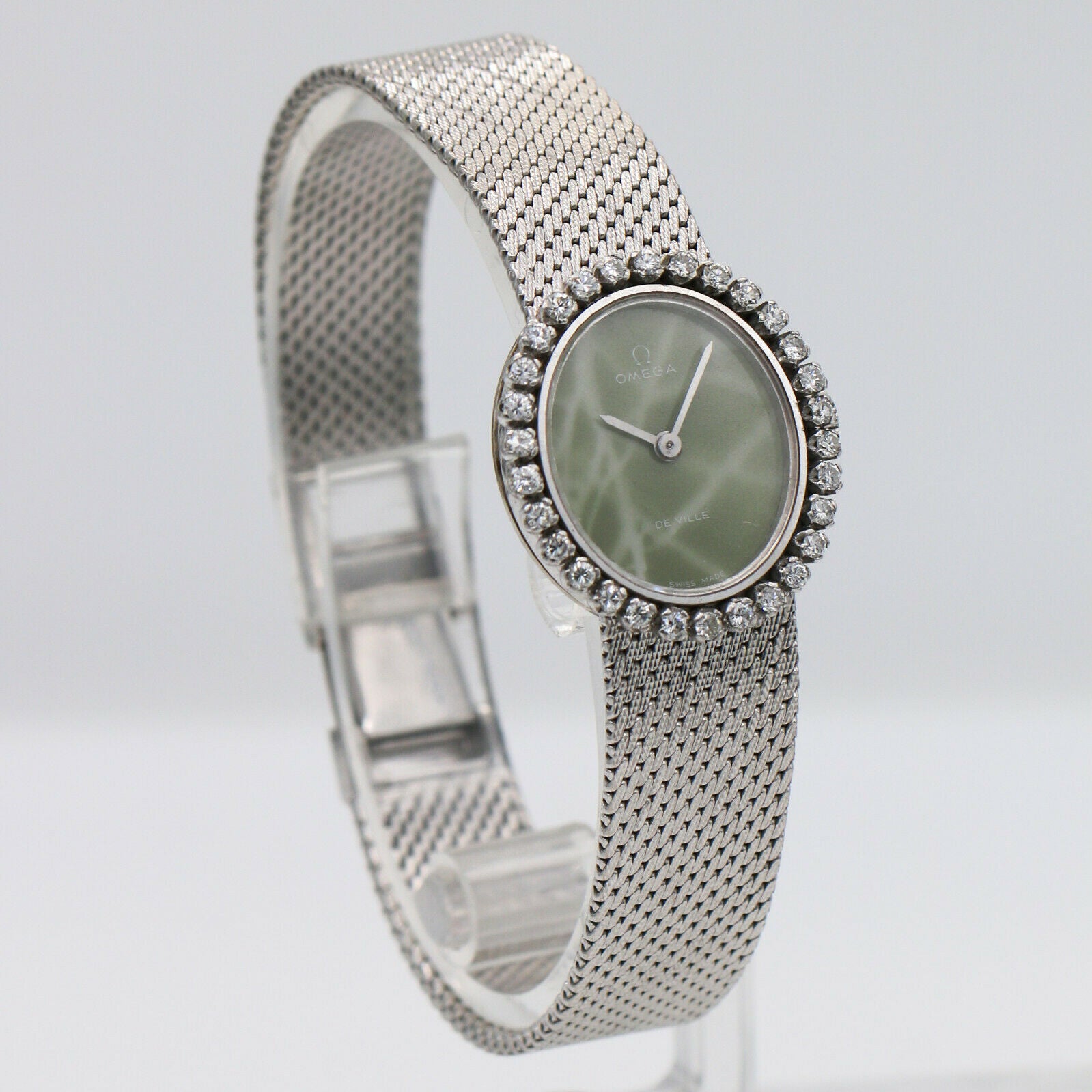 Vintage Ladies Omega 18k White Gold Diamond Watch with Green Marble Dial
