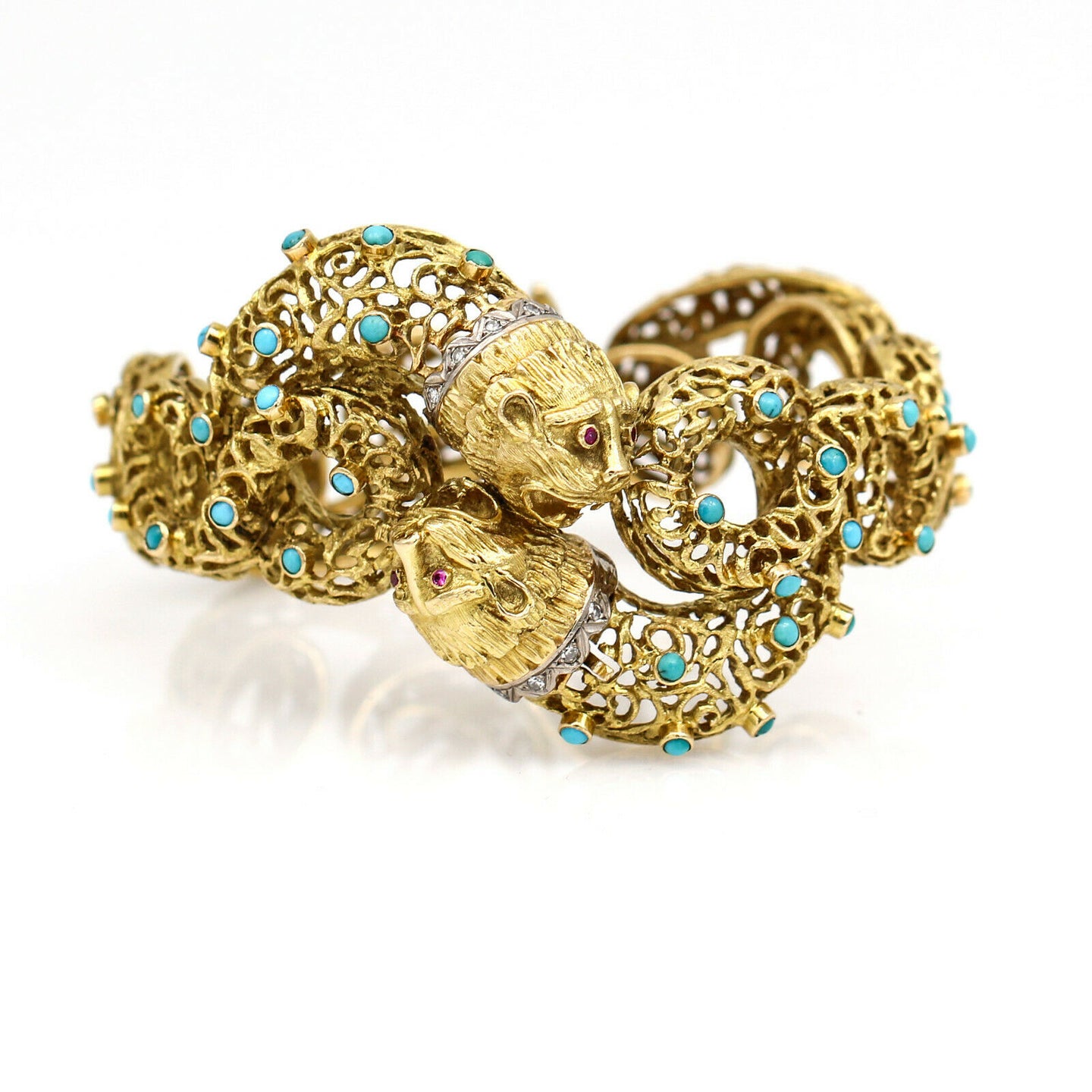 Vintage Greek Demiurge Lions Head Bracelet in 18k Yellow Gold with Turquoise