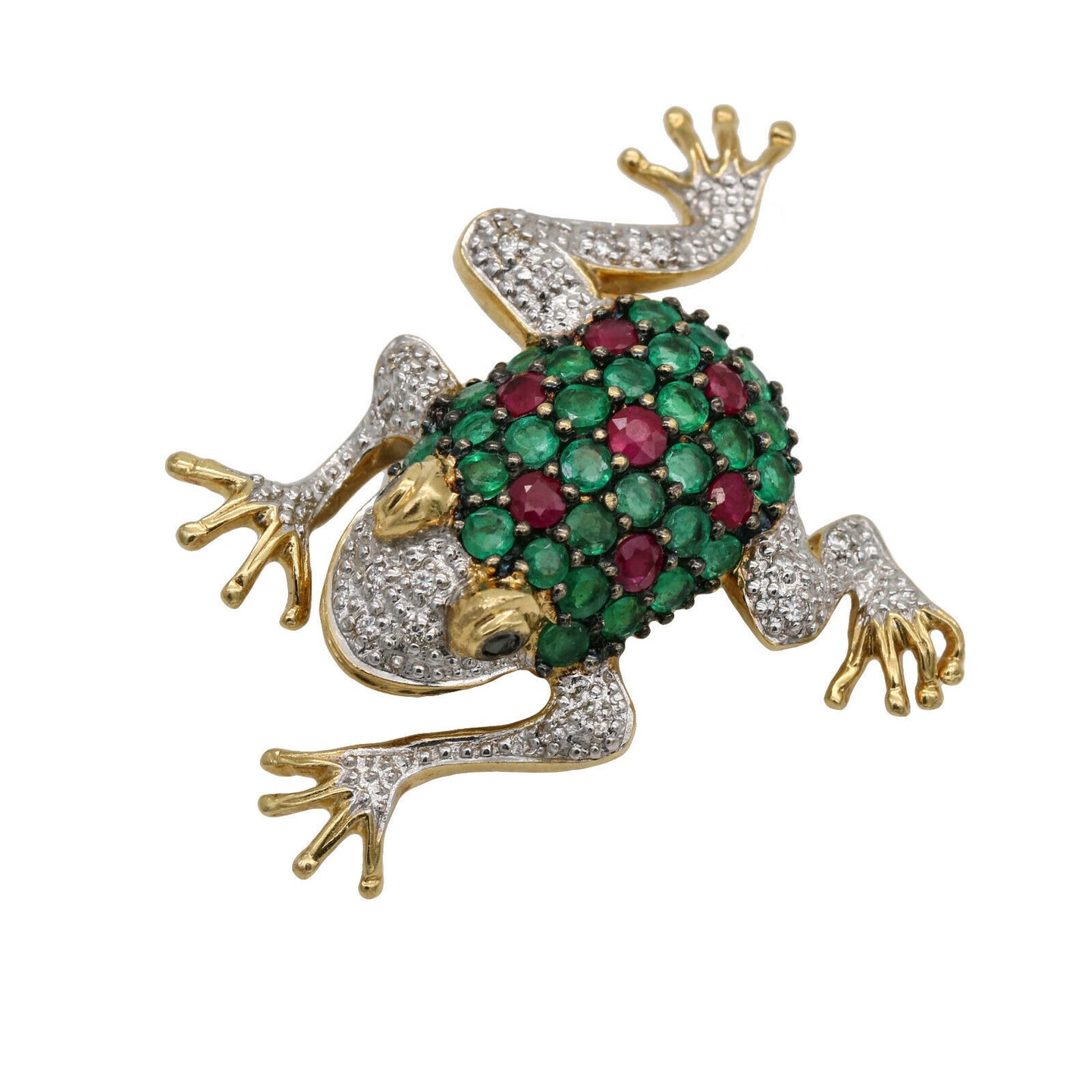 Emerald Ruby and Diamond Frog Brooch in 18k Yellow Gold
