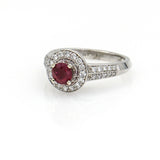 1,50 ct Ruby and Diamond Halo Engagement Ring in 14k White Gold