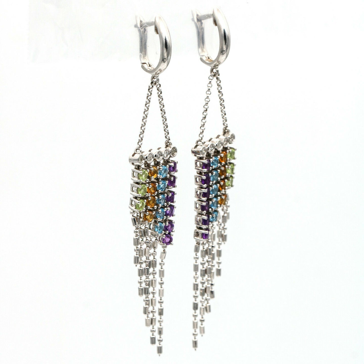 Diamond and Gemstone Drop Dangle Earrings in 14k White Gold Designer Signed