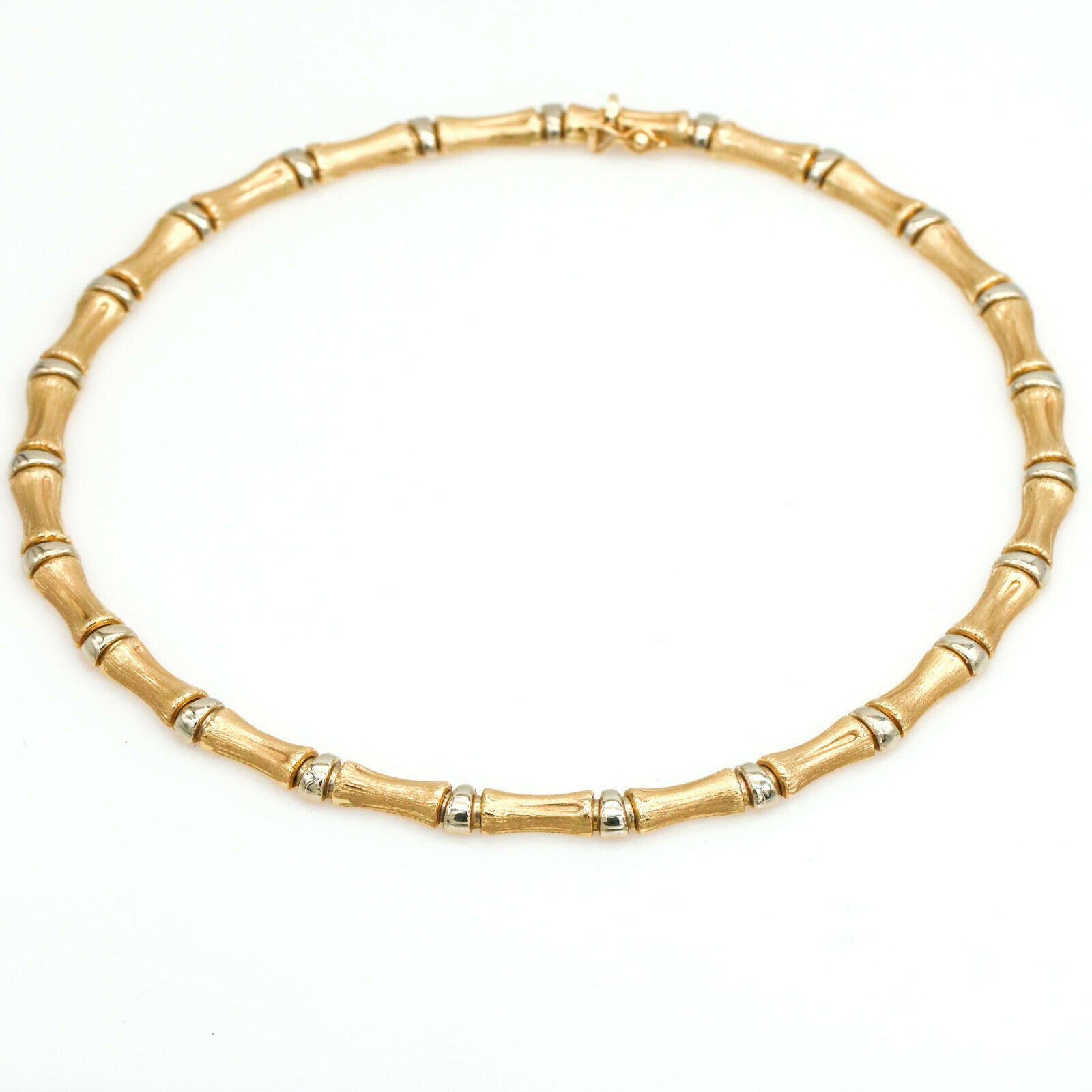Bamboo Link Chain Necklace in 14k White and Yellow Gold Italian Made
