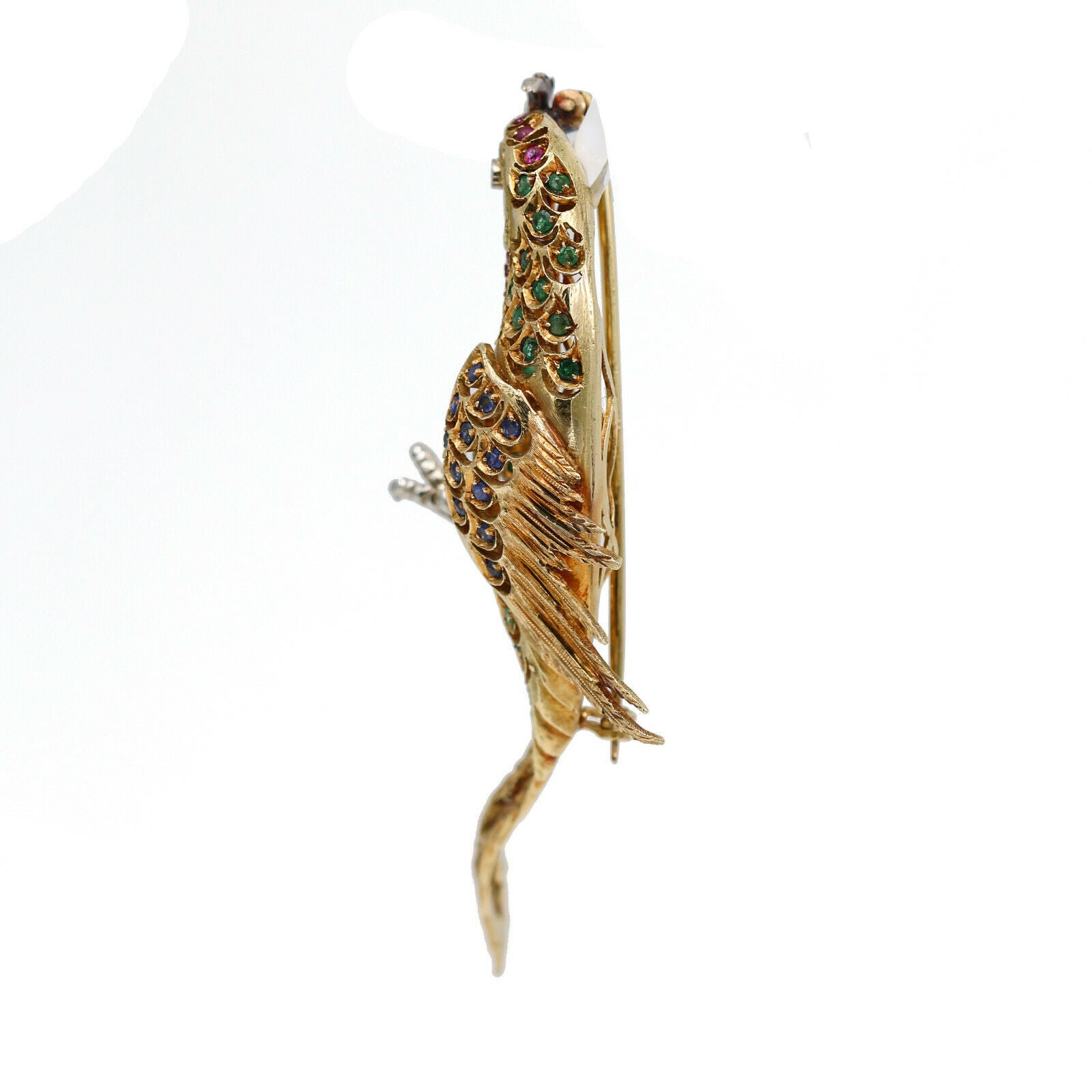 Sapphire Emerald Ruby Vintage Parrot Brooch in 18k Yellow Gold