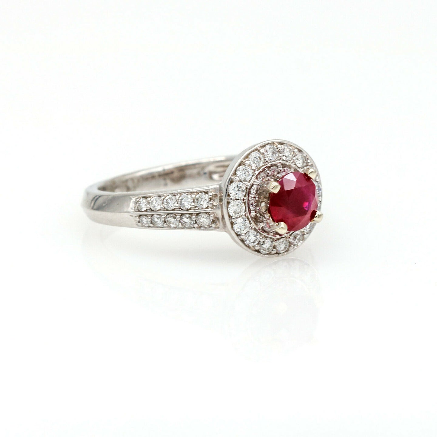 1,50 ct Ruby and Diamond Halo Engagement Ring in 14k White Gold