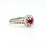 1,50 ct Ruby and Diamond Halo Engagement Ring in 14k White Gold