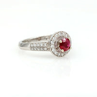 1,50 ct Ruby and Diamond Halo Engagement Ring in 14k White Gold