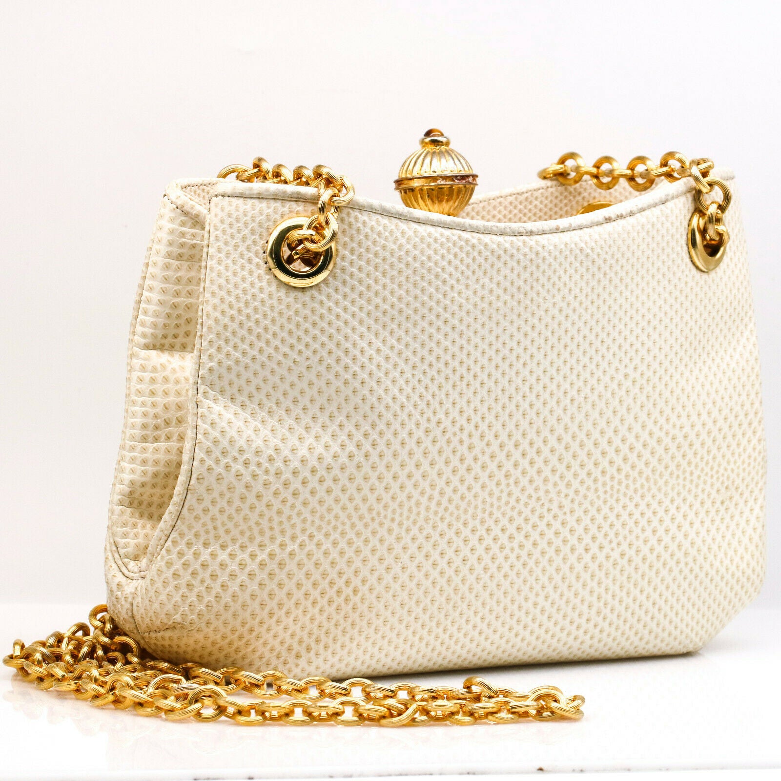 Judith Leiber Vintage White Lizard Skin Shoulder Bag with Gold Chain a –  Elie's Fine Jewelry
