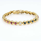 Round Link Bezel Set Sapphire Ruby Diamond Tennis Bracelet in 18k Yellow Gold