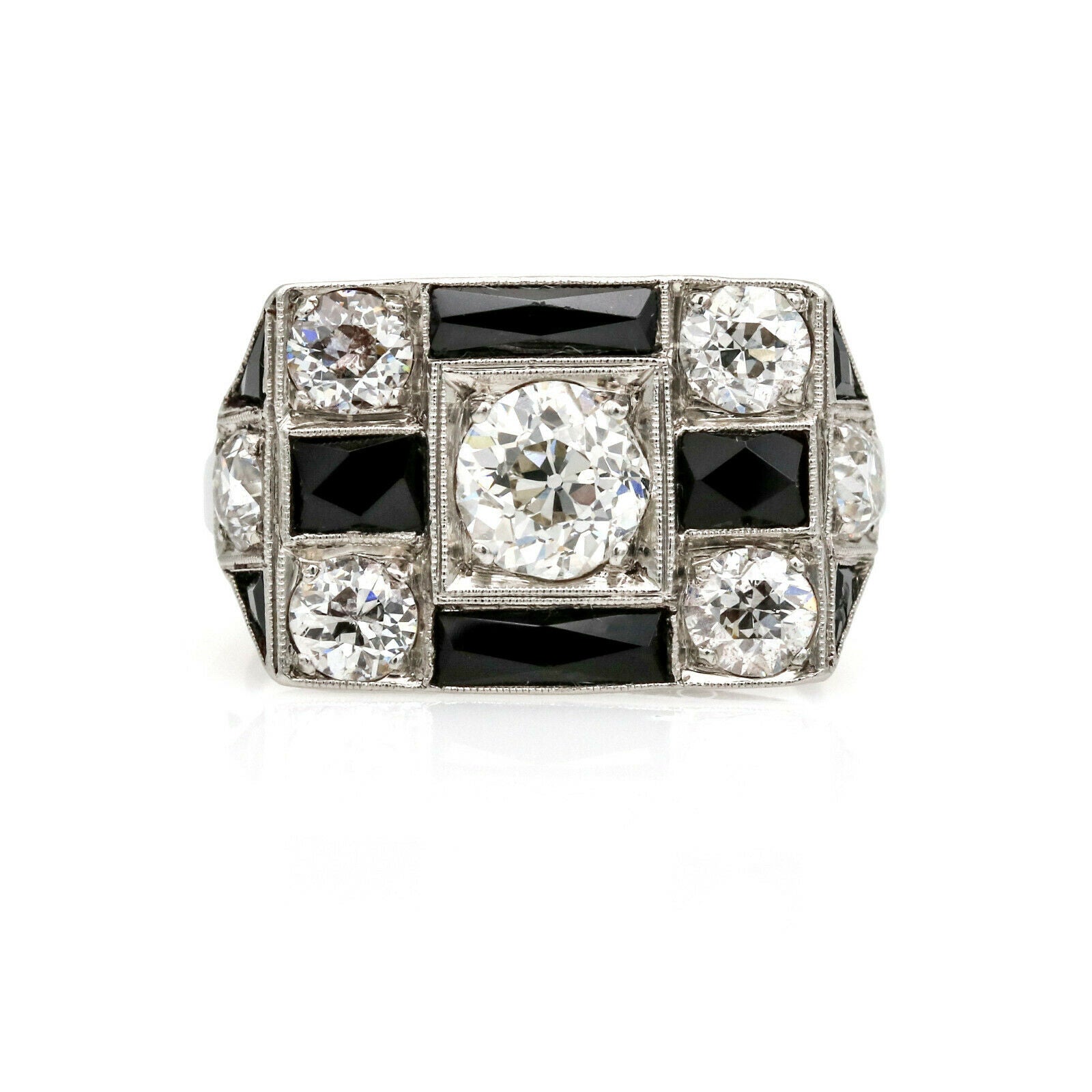 Art Deco Diamond Onyx Checkerboard Cocktail Ring in Platinum ( 3.20 ct tw )