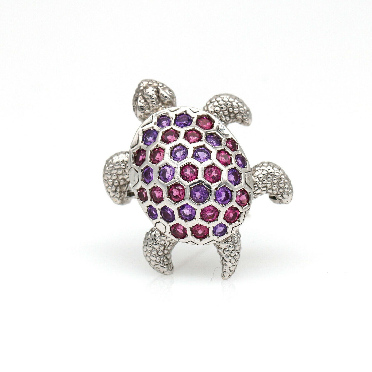 Pink Tourmaline and Amethyst Turtle Pin in 14k White Gold