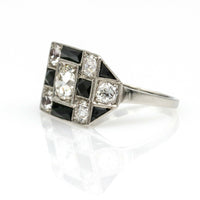 Art Deco Diamond Onyx Checkerboard Cocktail Ring in Platinum ( 3.20 ct tw )