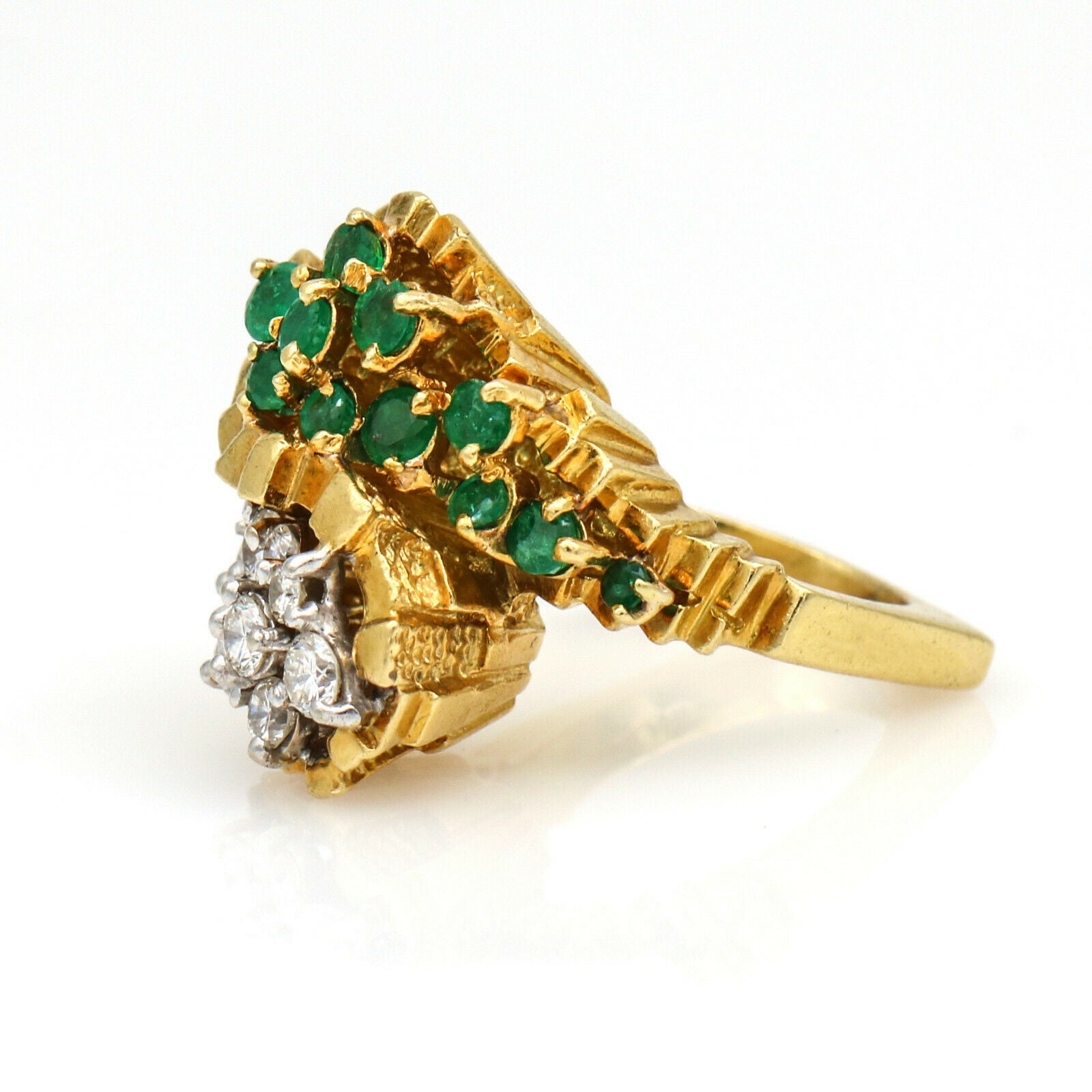 Diamond and Emerald Statement Bypass Ring in 18k Yellow Gold Signed