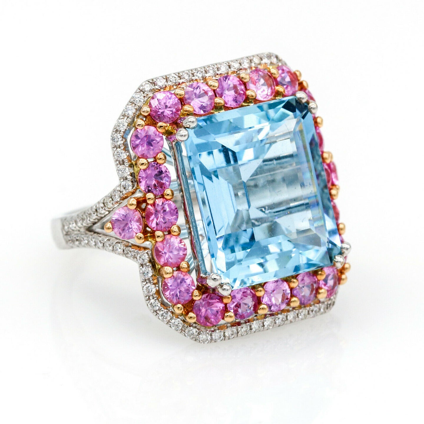 Aquamarine and Pink Sapphire Statement Ring in 18k White Gold (15.82 cttw)