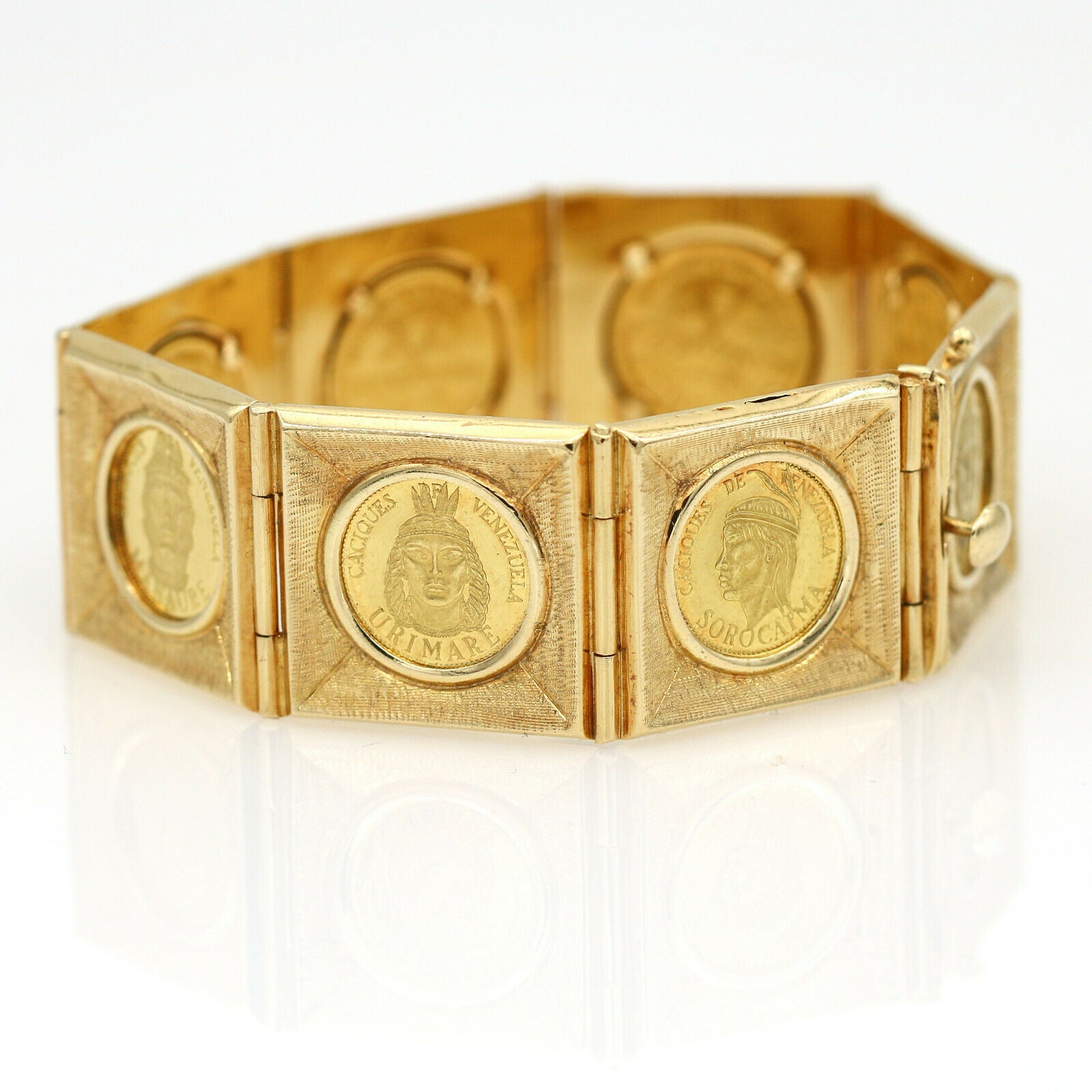 1950s Venezuelan Cacique Coins Link Bracelet in 18k 24k Yellow Gold