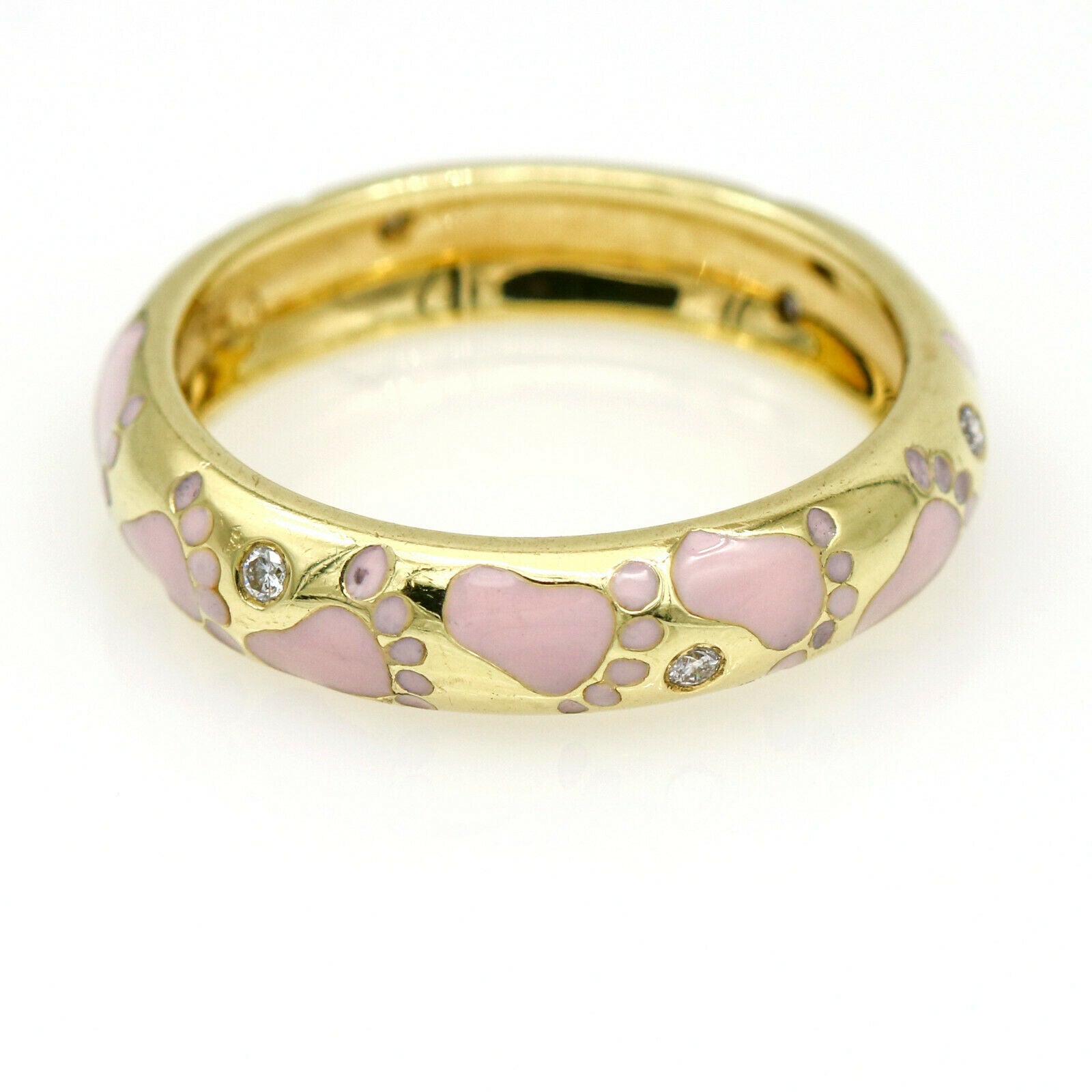 Hidalgo Pink Enamel and Diamond Footprints Band Ring in 18k Yellow Gold