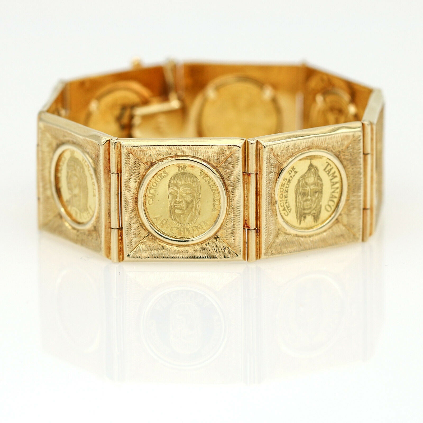 1950s Venezuelan Cacique Coins Link Bracelet in 18k 24k Yellow Gold