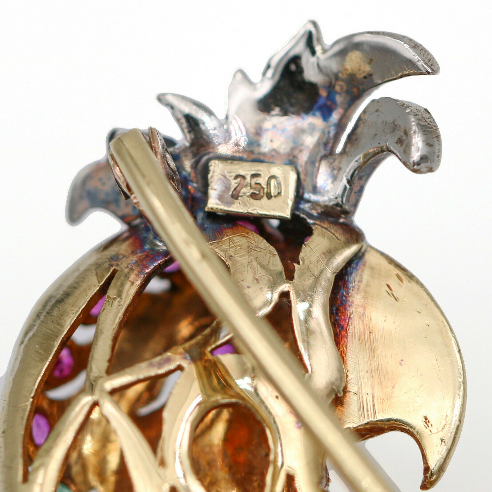 Sapphire Emerald Ruby Vintage Parrot Brooch in 18k Yellow Gold