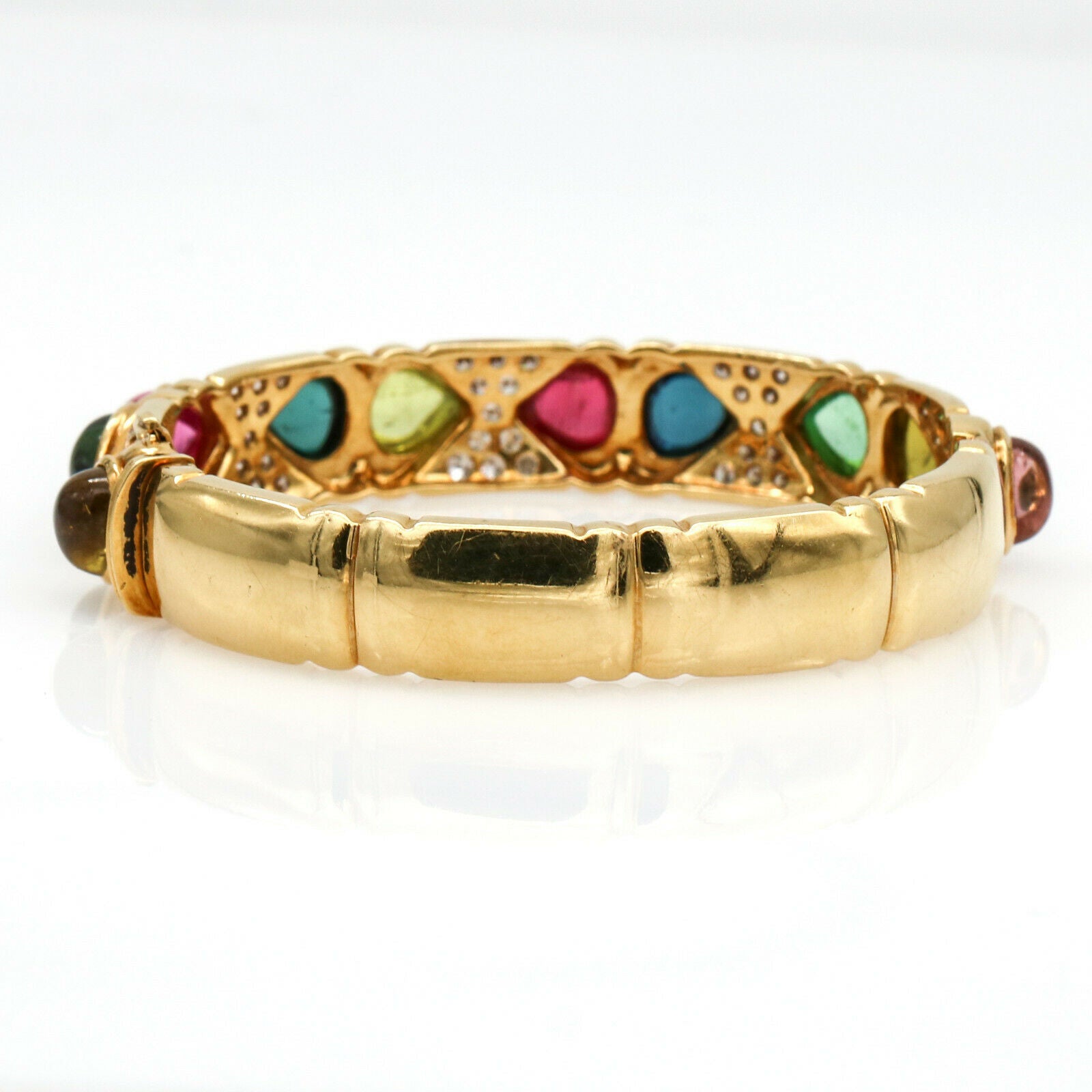 Signed Colorful Tourmaline and Diamond Hinged Bangle Bracelet in 18k Yellow Gold