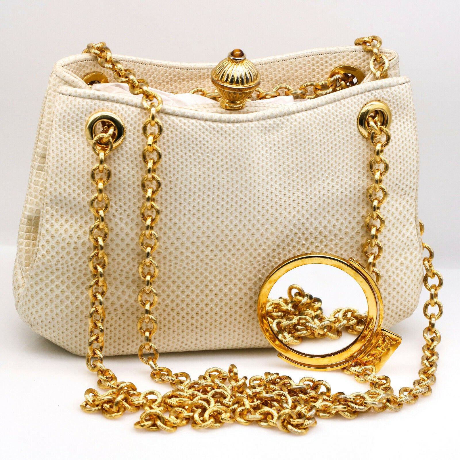 Judith Leiber Vintage White Lizard Skin Shoulder Bag with Gold Chain and Tiger E