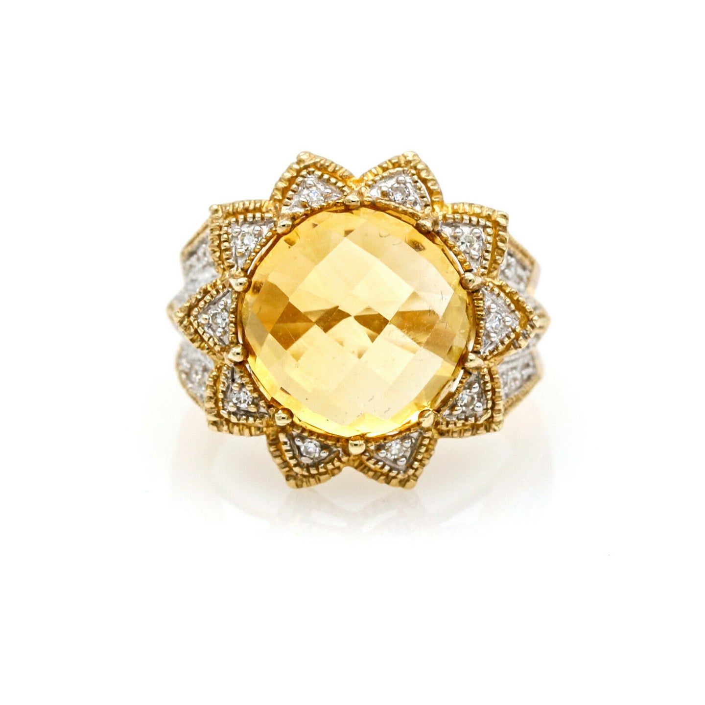 Citrine and Diamond Flower Statement Ring in 10k Yellow Gold