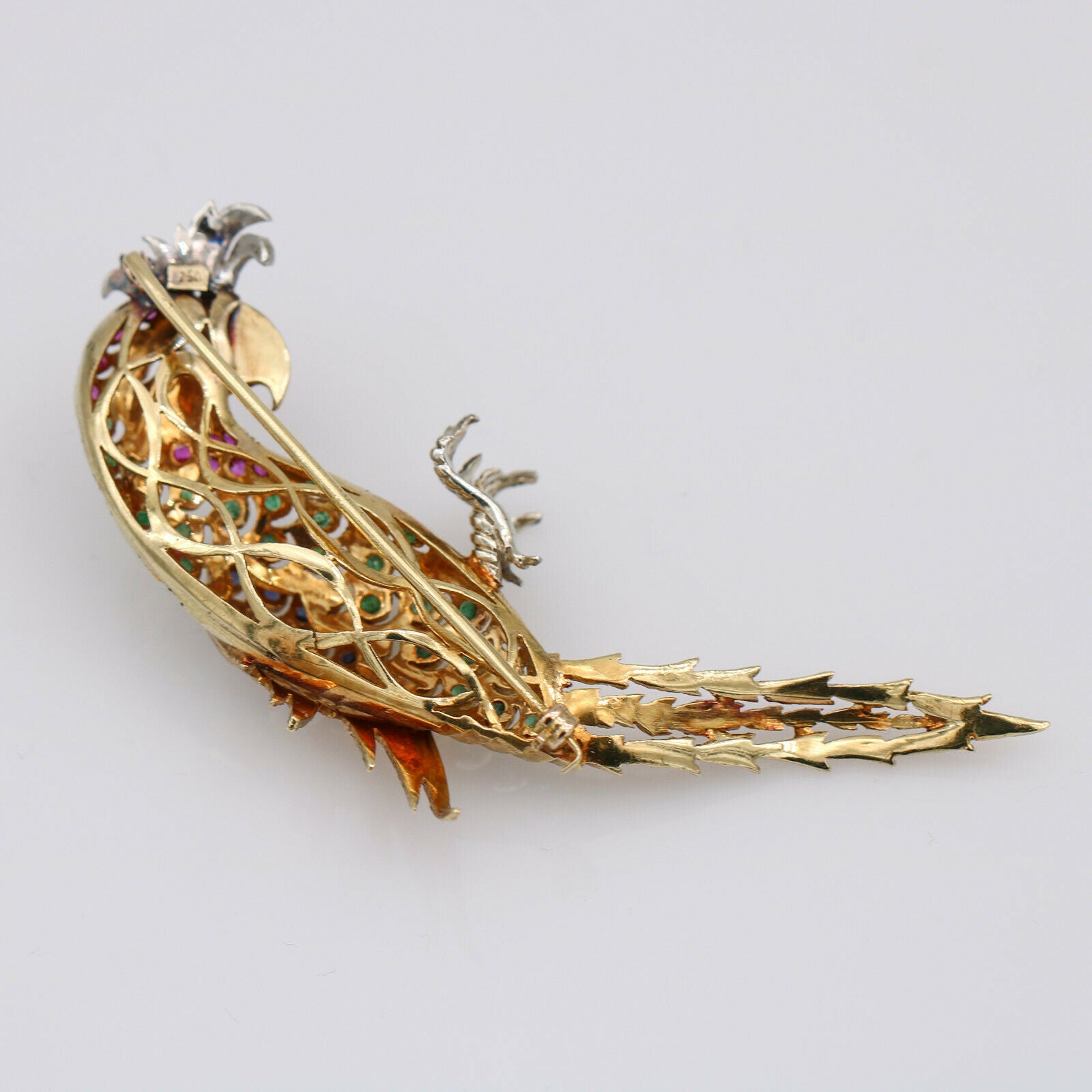 Sapphire Emerald Ruby Vintage Parrot Brooch in 18k Yellow Gold
