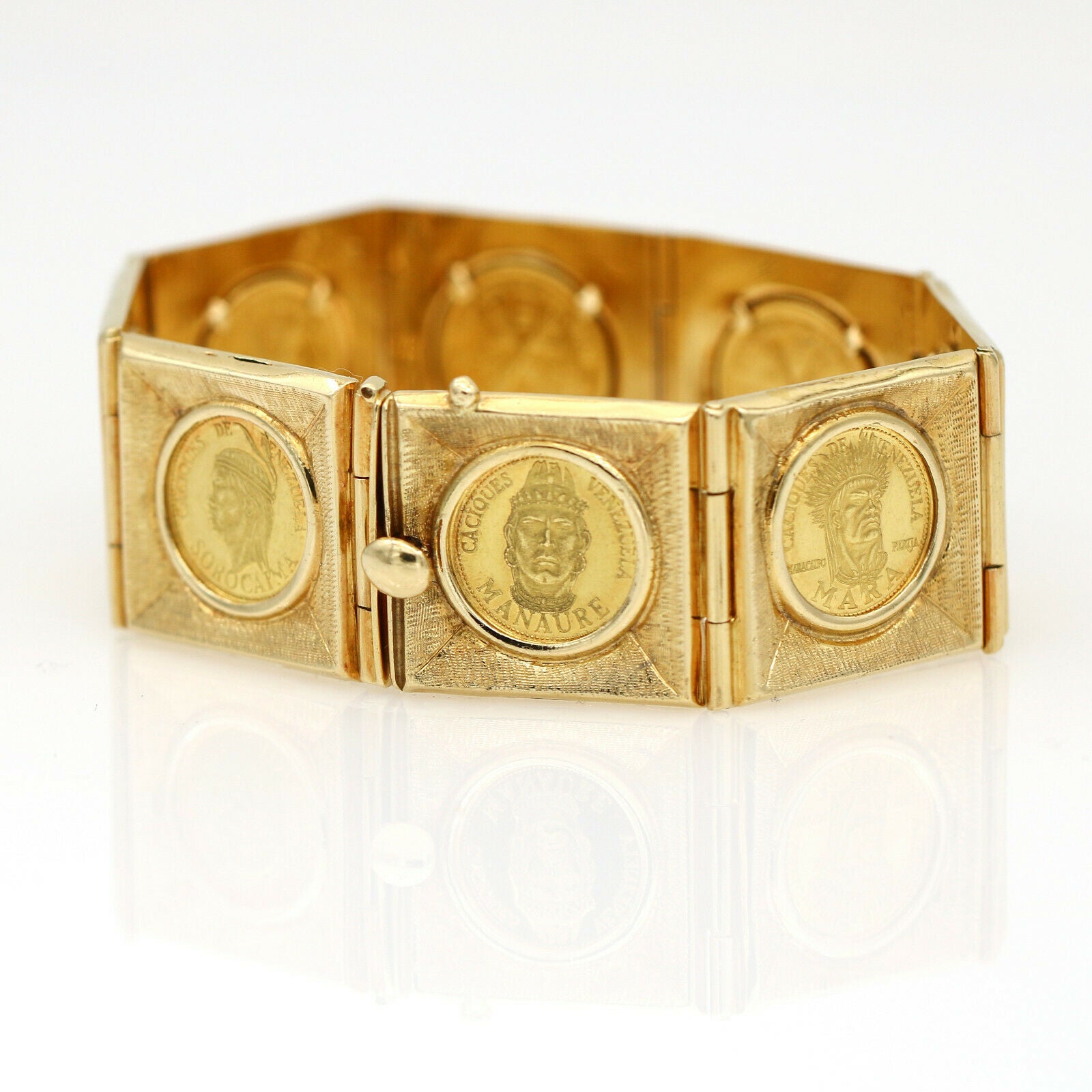 1950s Venezuelan Cacique Coins Link Bracelet in 18k 24k Yellow Gold