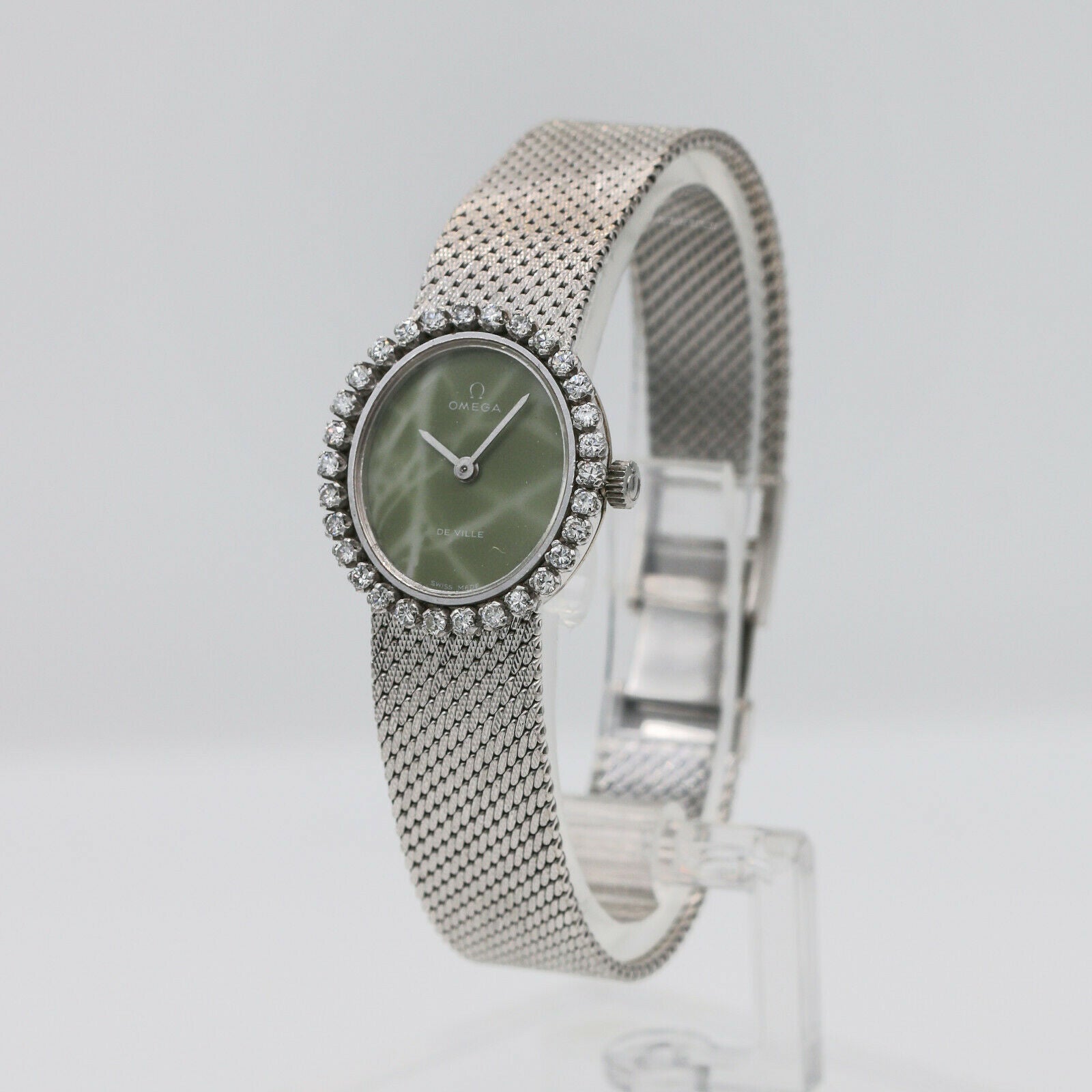 Vintage Ladies Omega 18k White Gold Diamond Watch with Green