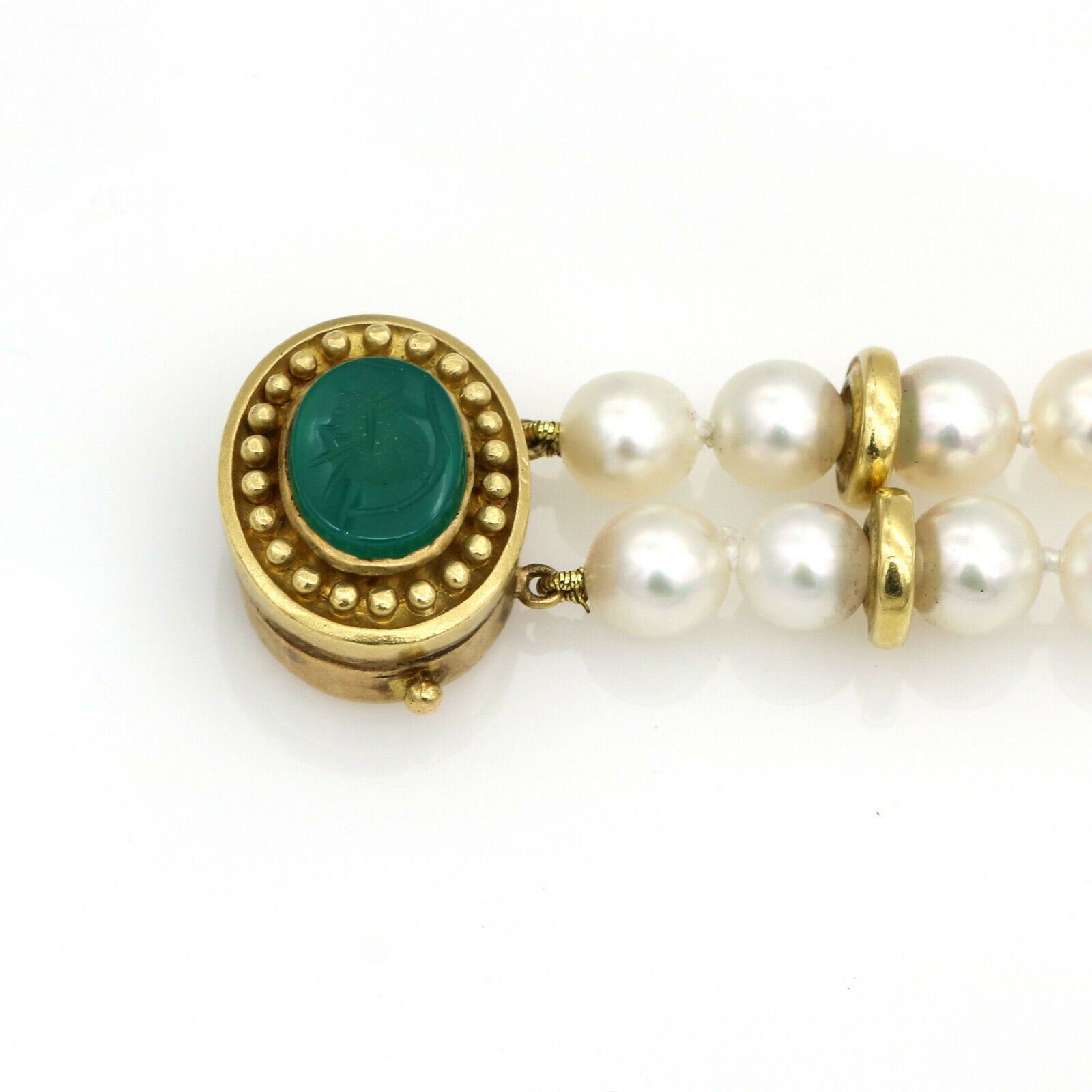 Green Onyx Intaglio Double Strand Pearl Bracelet in 18k Yellow Gold