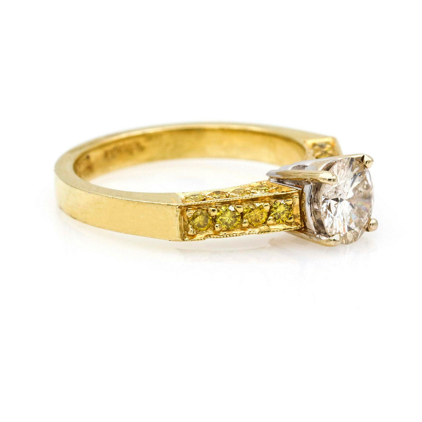Solitaire Diamond Engagement Ring with Fancy Yellow Accents in 18k Gold