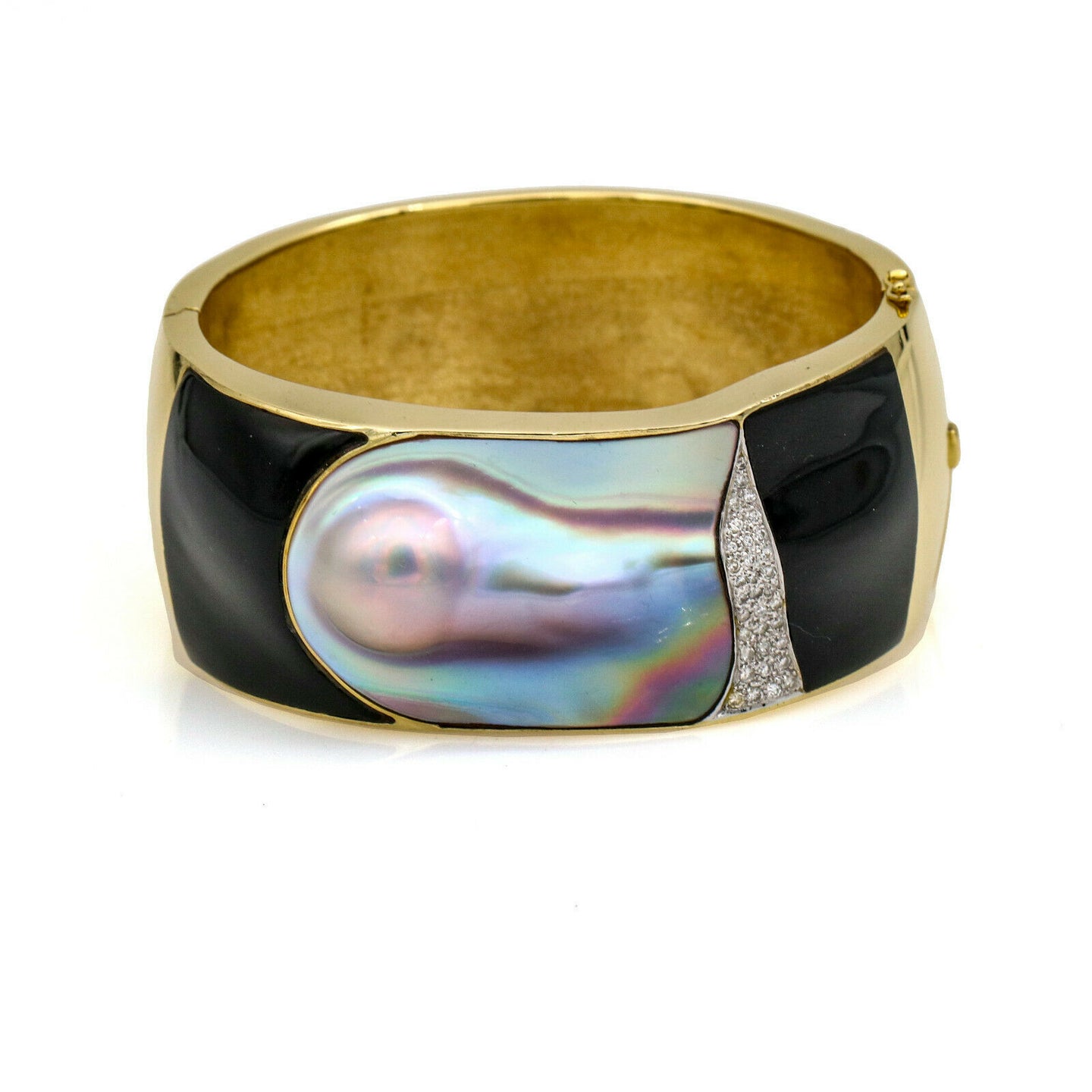 Ming's Hawaii Pearl Jade Diamond Wide Bangle Bracelet in 18k Yellow Gold
