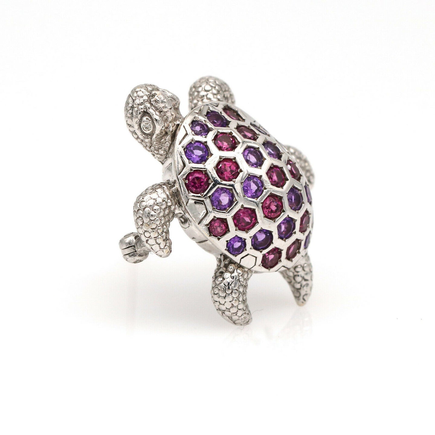 Pink Tourmaline and Amethyst Turtle Pin in 14k White Gold