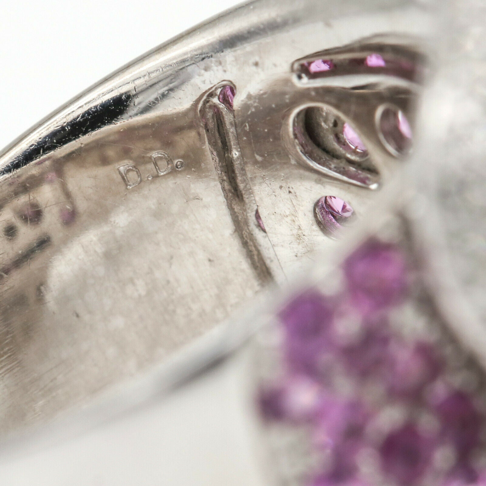 Pave Pink Sapphire and Diamond Buckle Ring in 14k White Gold Signed DD