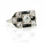 Art Deco Diamond Onyx Checkerboard Cocktail Ring in Platinum ( 3.20 ct tw )