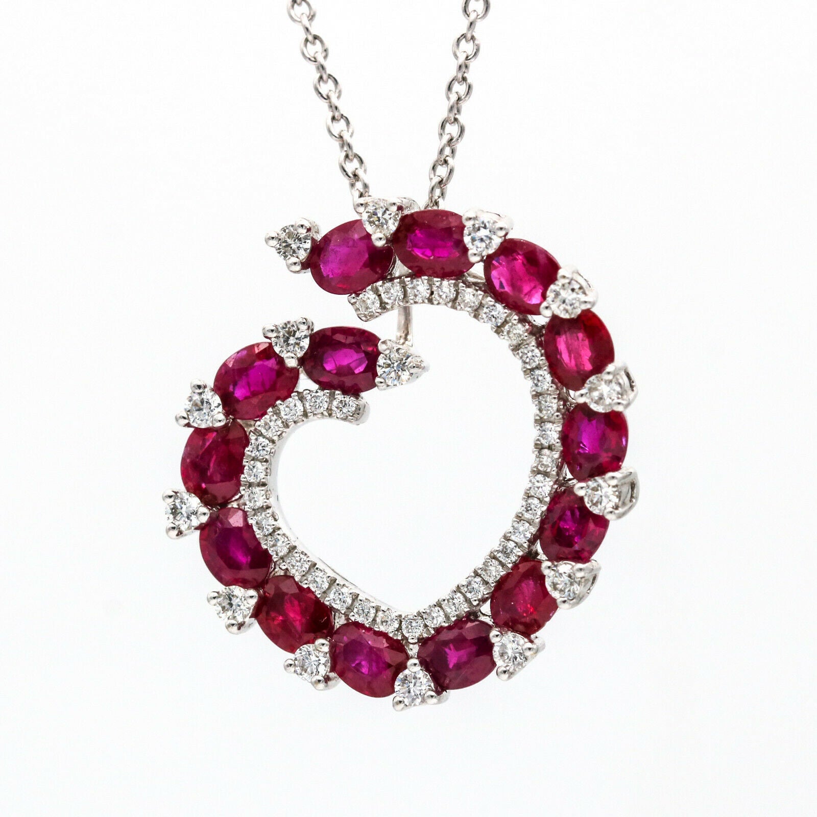 3.87 ct Women's Ruby and Diamond Open Heart Pendant Necklace in 18k White Gold
