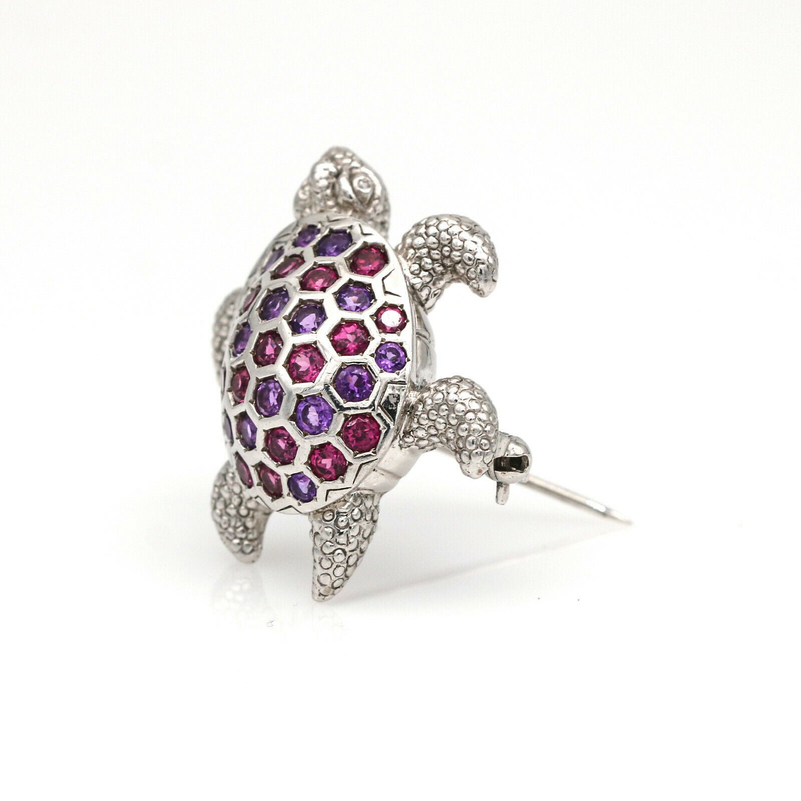 Pink Tourmaline and Amethyst Turtle Pin in 14k White Gold