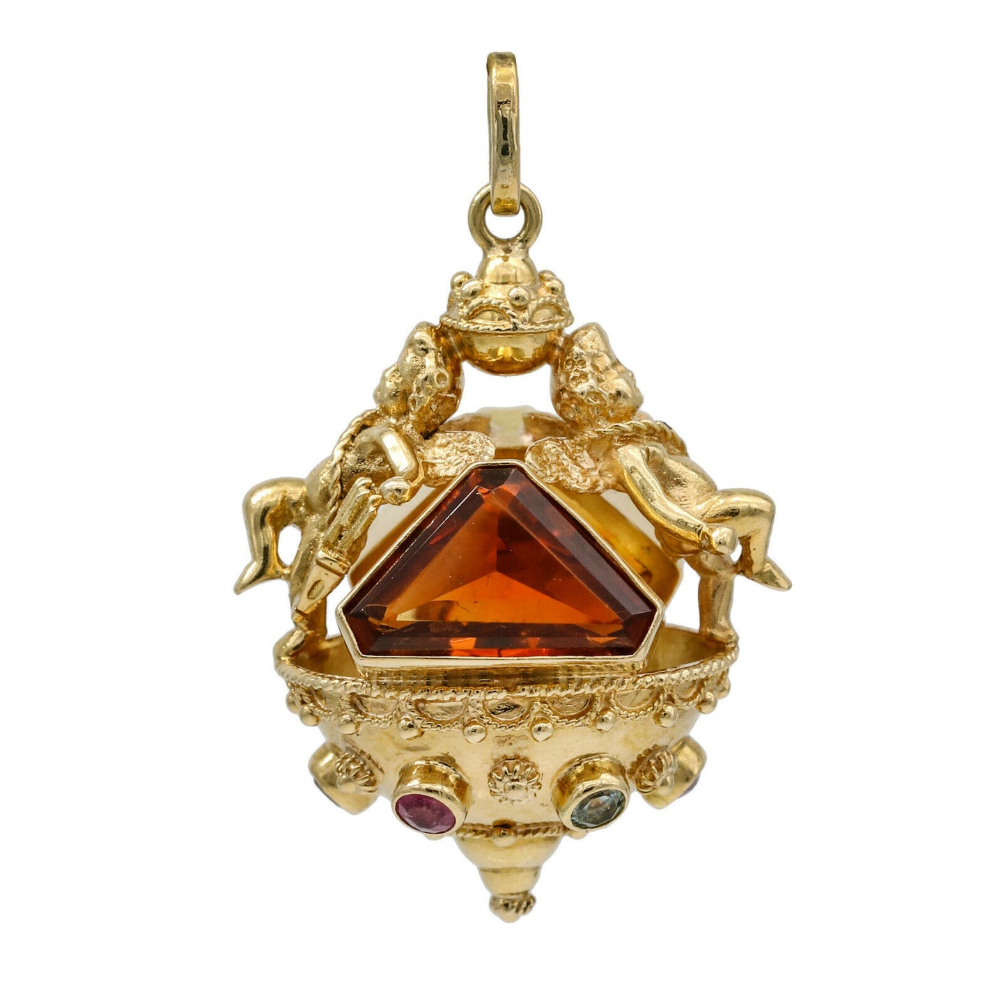 Cupid Etruscan Charm Pendant with Gemstones in 18k Yellow Gold