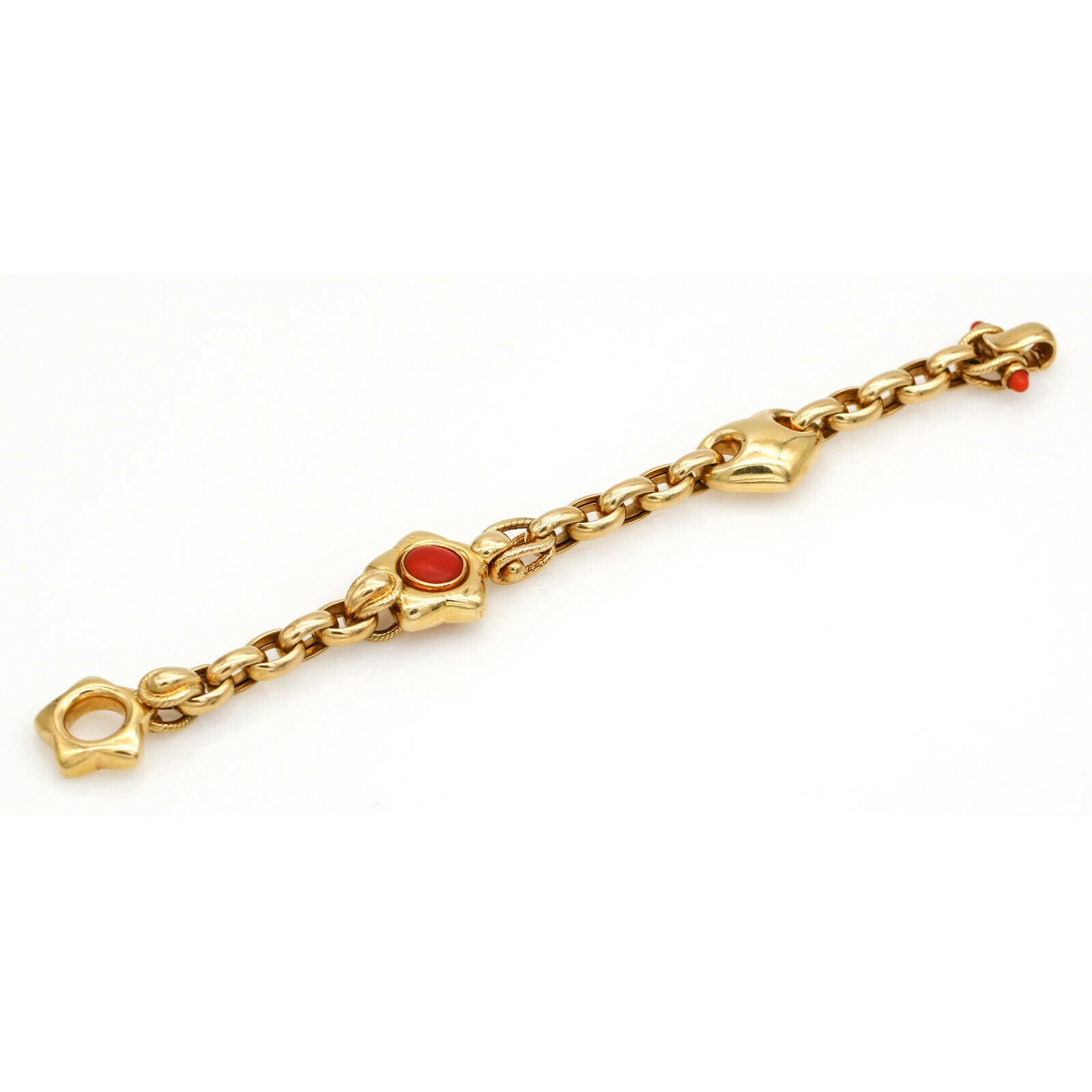Il Gioiello Red Coral Heart Charm Link Bracelet in 18k Yellow Gold