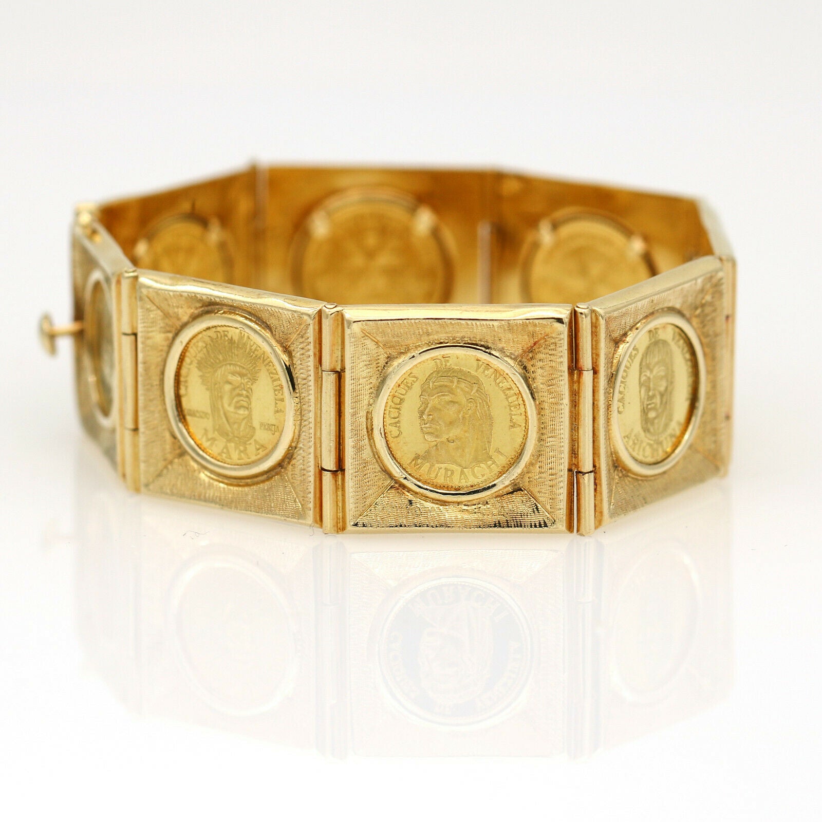 1950s Venezuelan Cacique Coins Link Bracelet in 18k 24k Yellow Gold